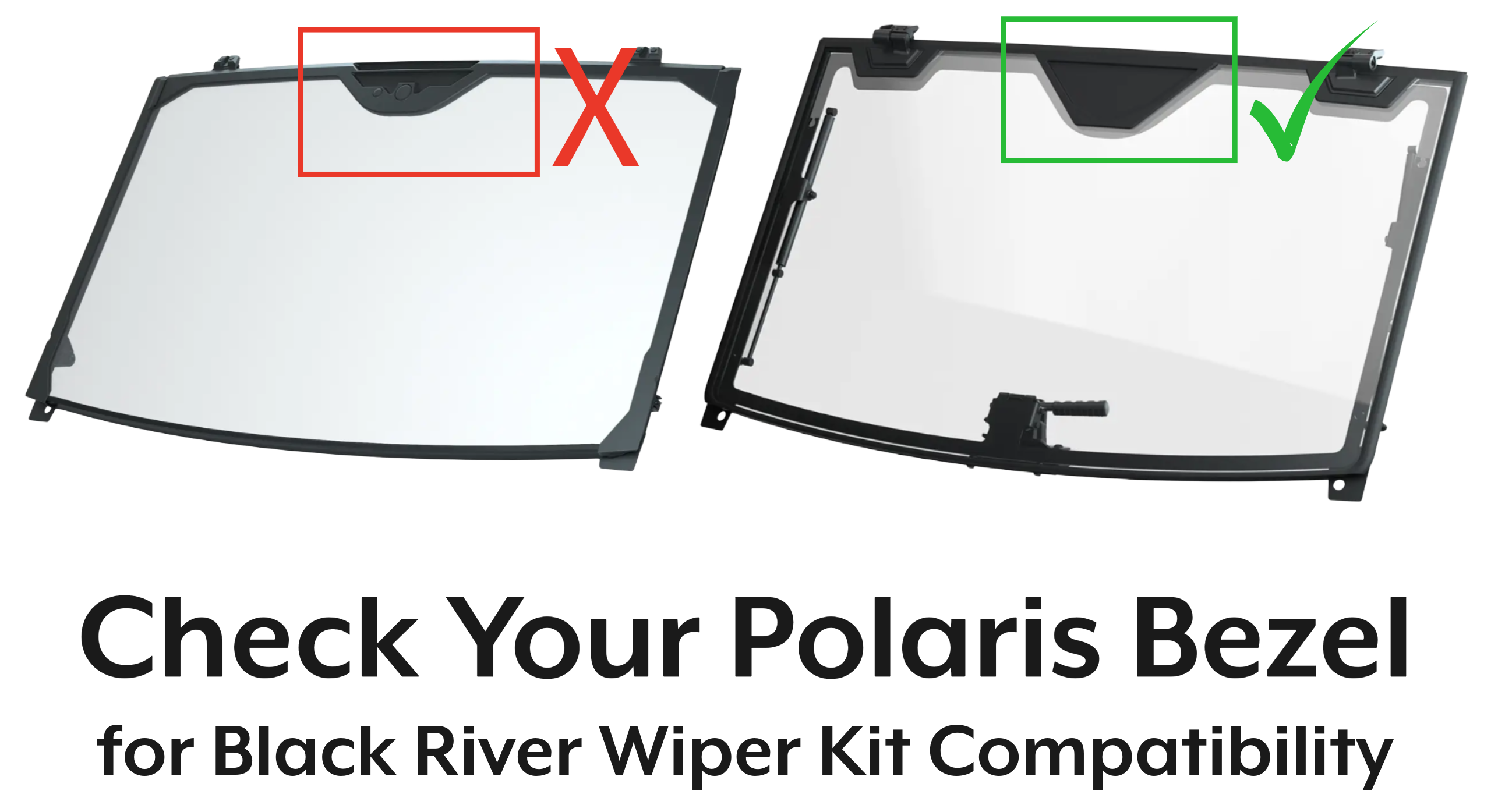 Two car windshields with different bezels, one marked with an 'X' and the other with a check mark, against a white background.